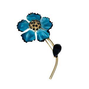 Vintage Blue Flower Enamel Brooch Pin With Gold-Toned Accents & Rhinestone Cente